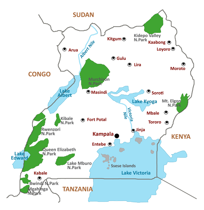 Map of Uganda's tourist sites including Bwindi Impenetrable Forest, Queen Elizabeth National Park, Murchison Falls, Kibale Forest, Rwenzori Mountains and Lake Bunyonyi