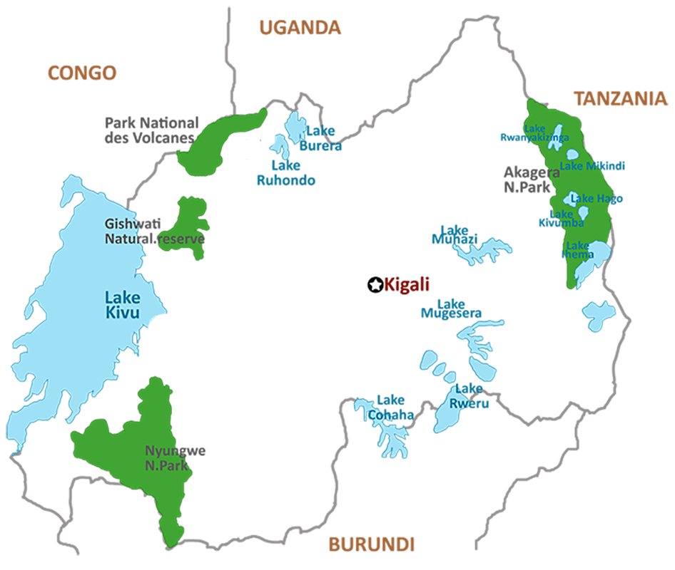 Map of Rwanda showing Kigali, Volcanoes National Park, Nyungwe National Park, Akagera National Park, Lake Kivu, Gishwati Natural Reserve and the borders of Uganda, Congo, Tanzania and Burundi
