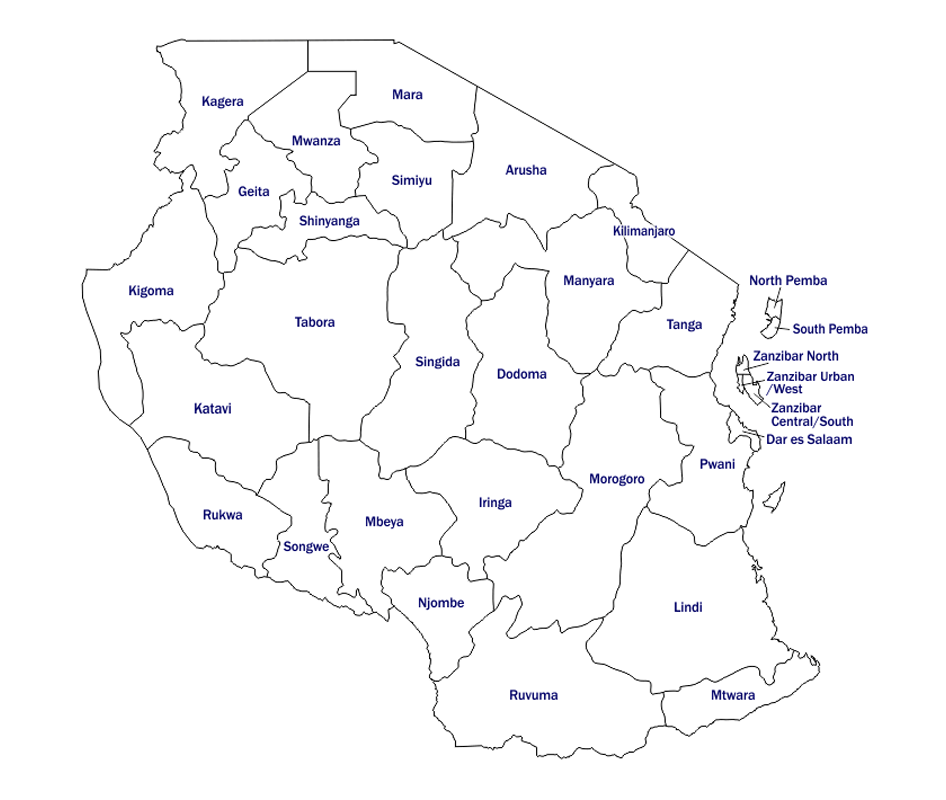 Map of Tanzania regions showing Mara, Simiyu, Arusha, Manyara, Kilimanjaro, Zanzibar and surrounding areas