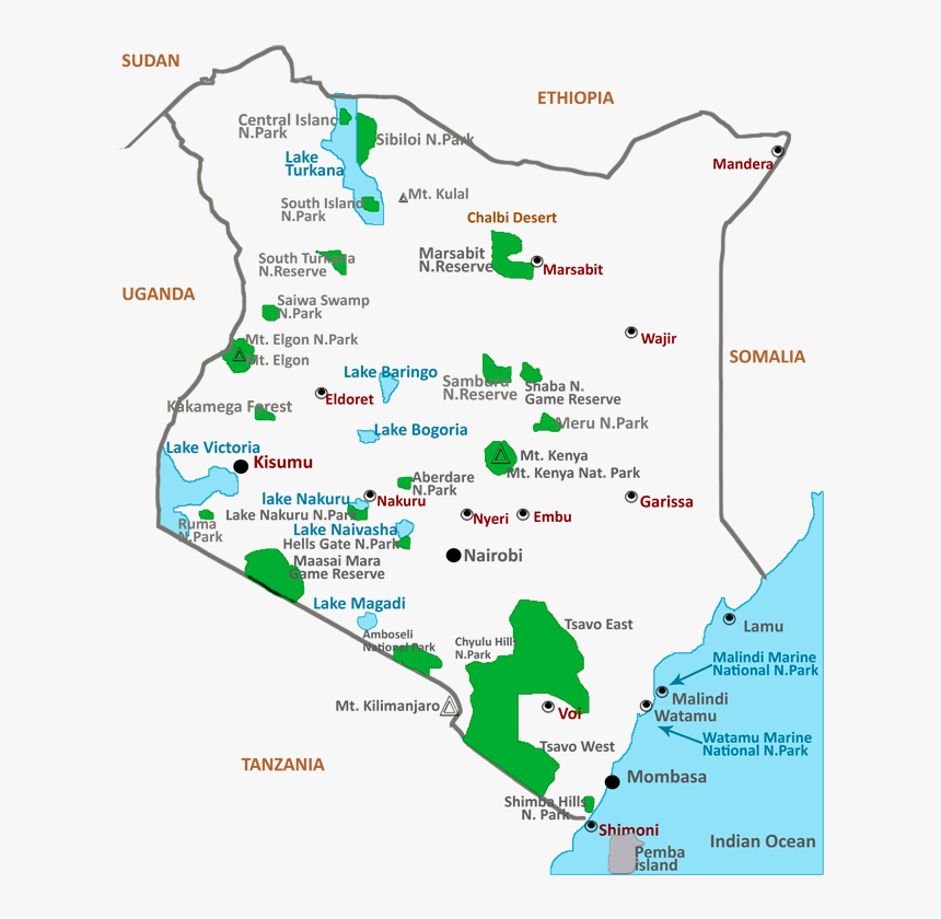 Map of Kenya's tourist sites including Maasai Mara, Amboseli National Park, Tsavo, Lake Nakuru, Mount Kenya, Nairobi and Mombasa