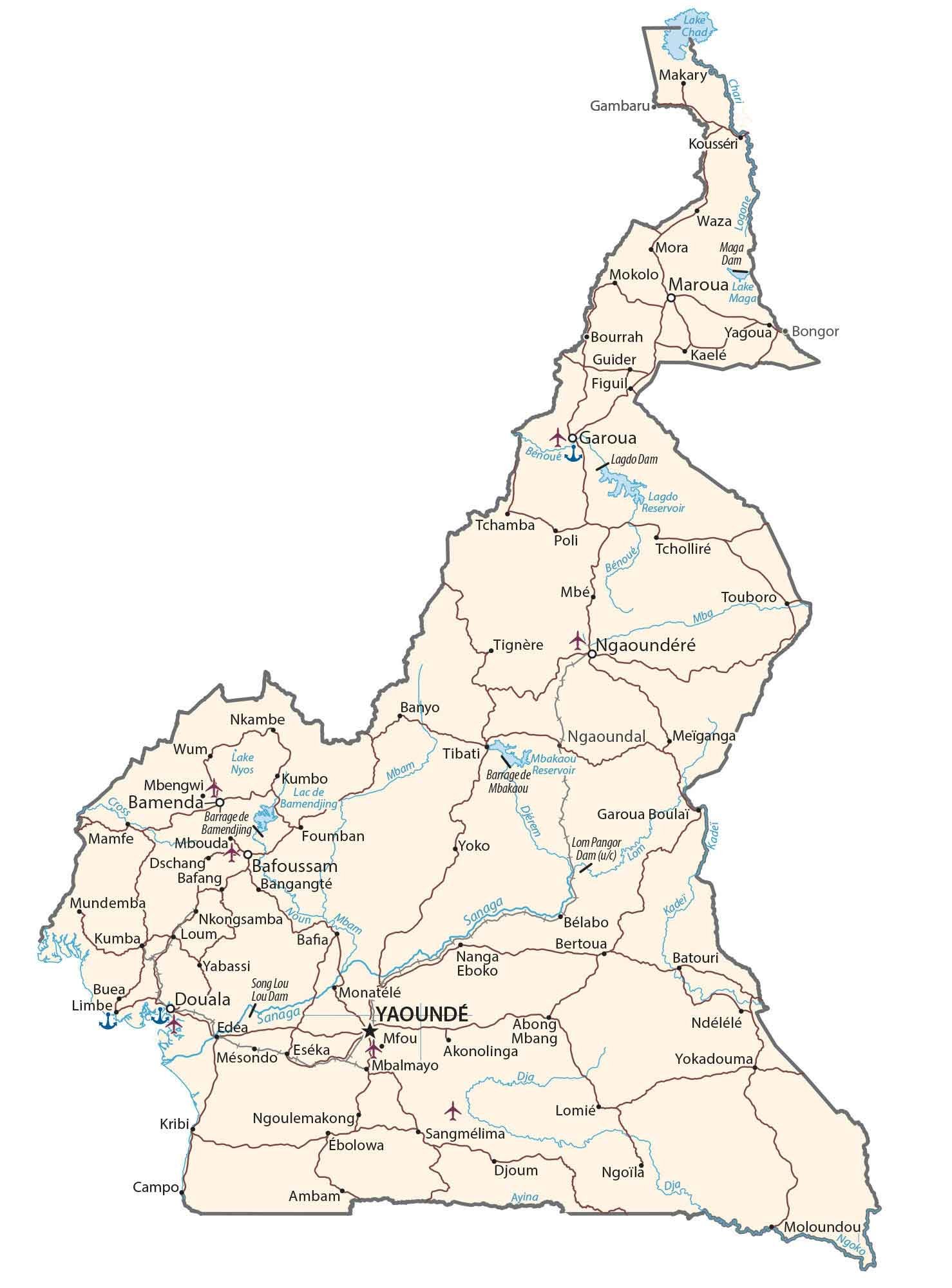 Map of Cameroon showing Douala, Yaounde, Bamenda, Lake Nyos, Mount Manengouba, Kribi and the southeastern Congo Basin region